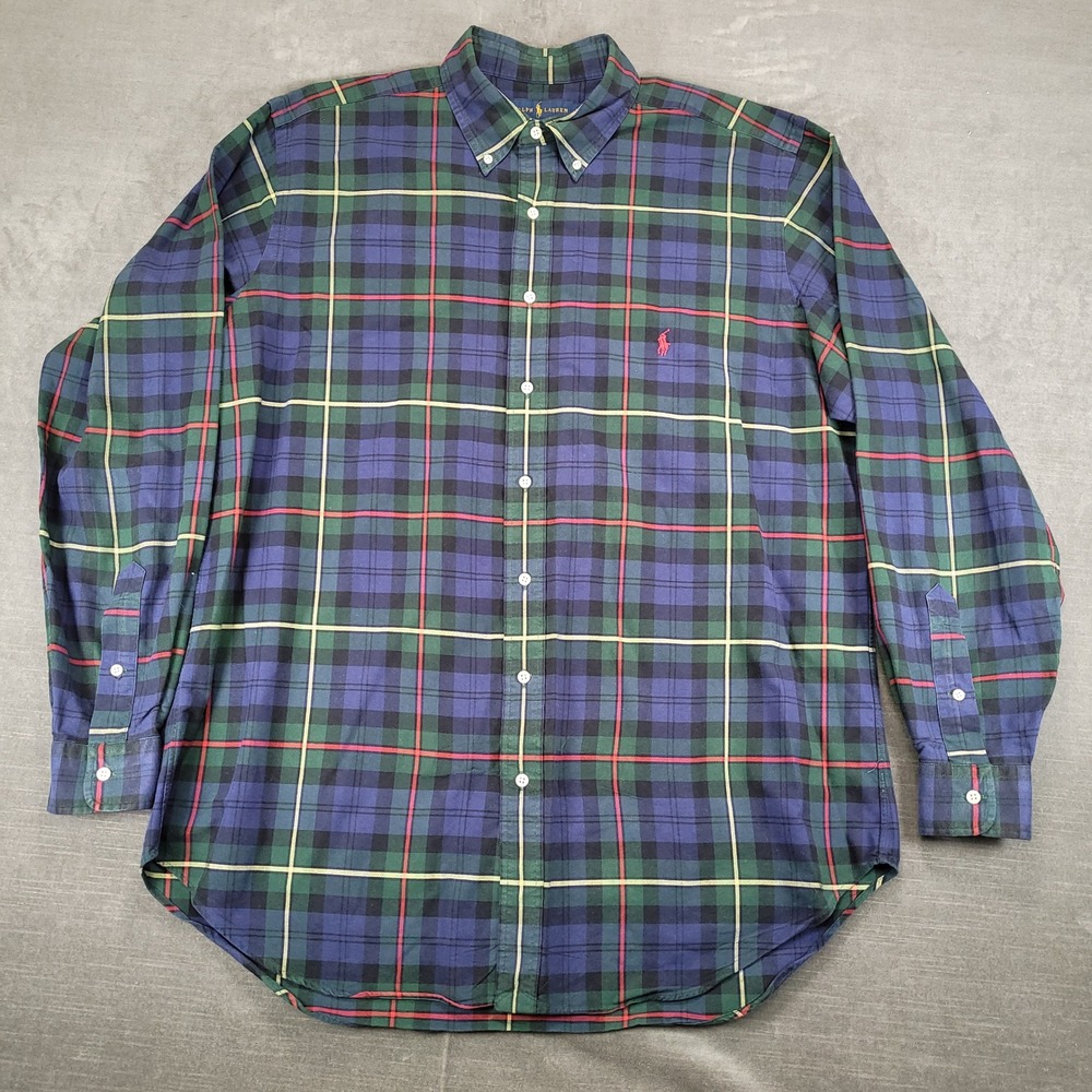 Polo Ralph Lauren Mens LT Tall Button Down Shirt Blue Green Plaid Red Pony Logo